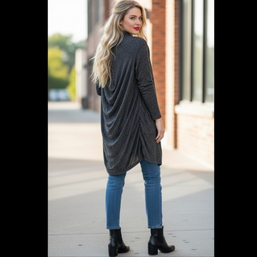 Mariella Bella Marled Charcoal Gray Longline Open Front Duster / Cardigan